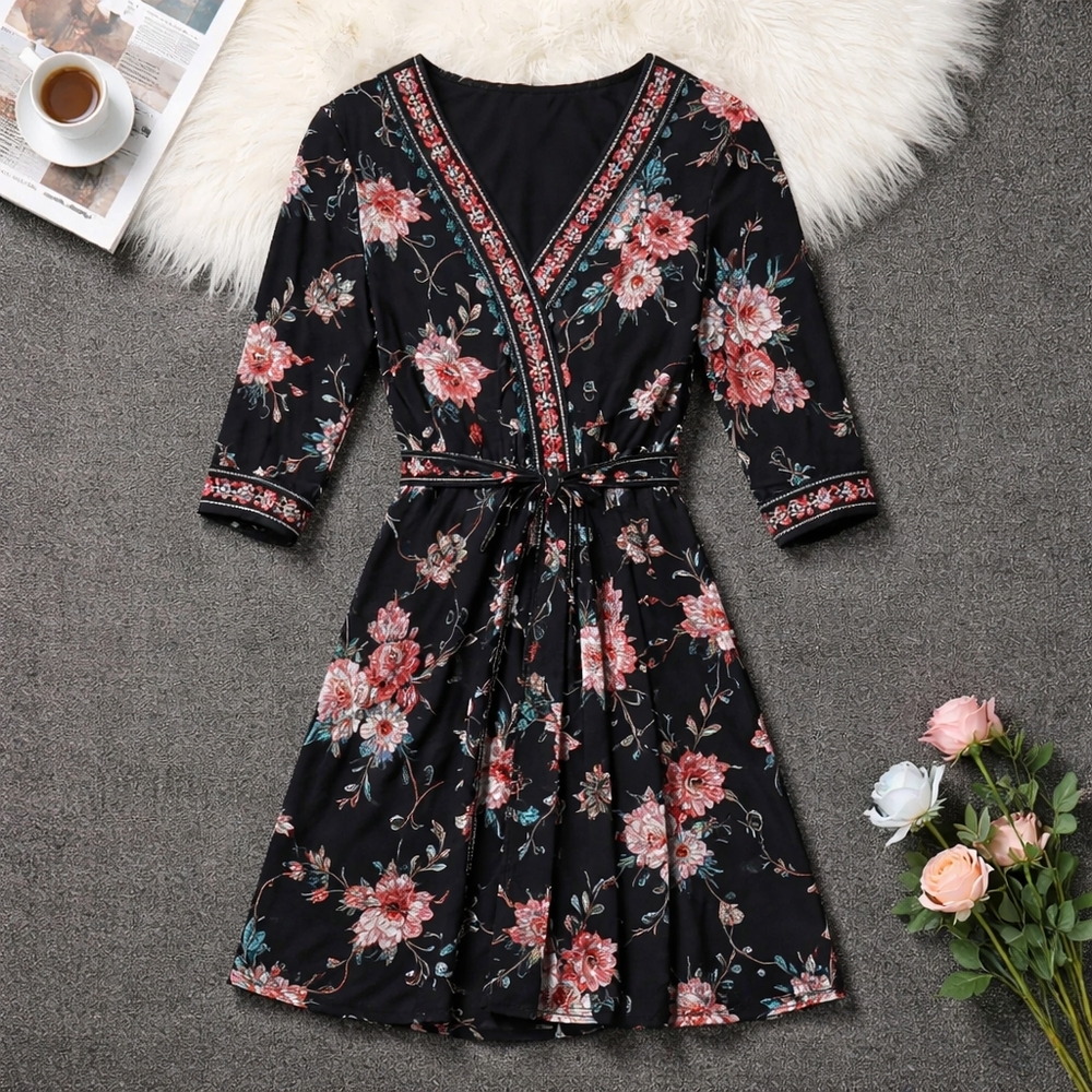 R&K Black Floral Dress with Pink and Green Accents
